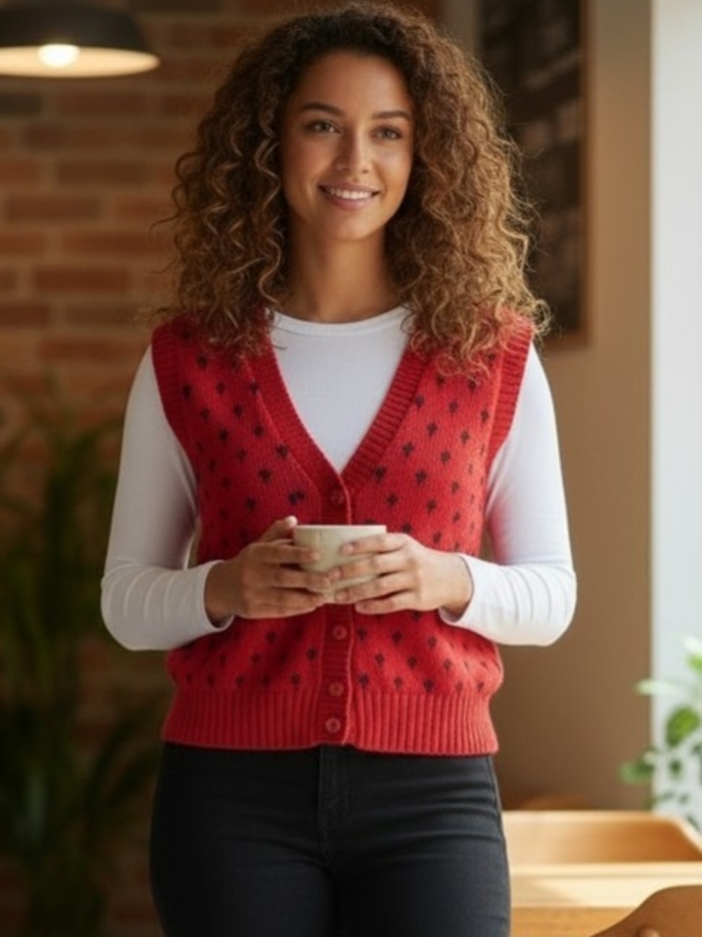 Vintage Red Knit Sweater Vest Button Front Cottagecore Preppy